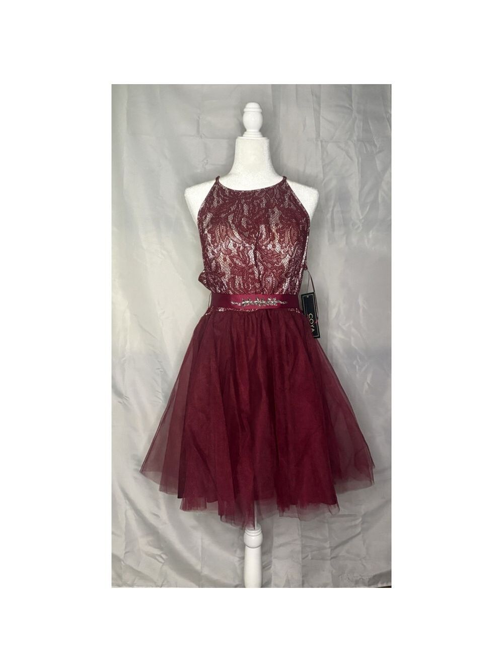 Coya Collection Burgundy Lace Tulle Party Dress XL NWT Beaded Waist Homecoming